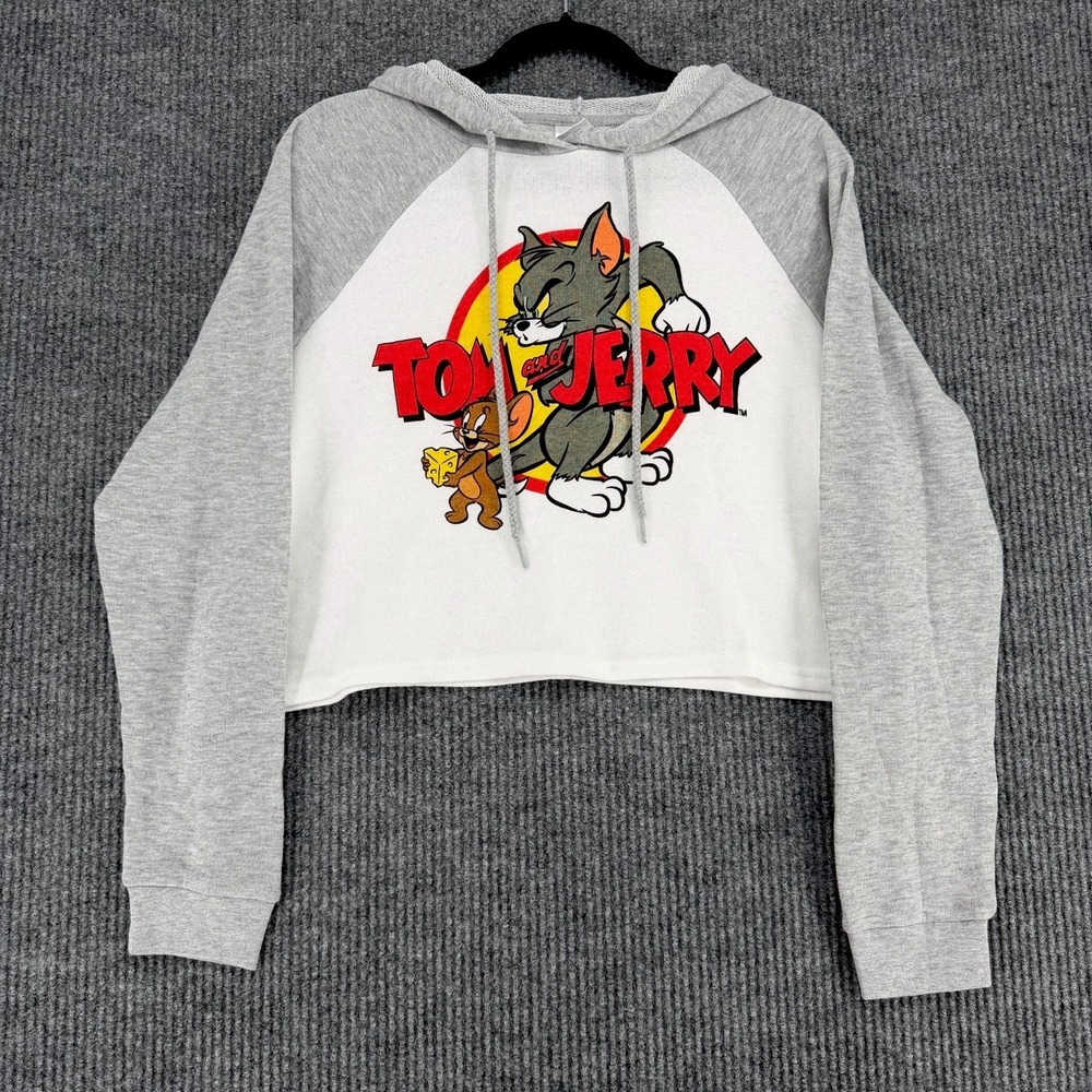 Tom and Jerry women's cropped hoodie gray white‎ raglan Hanna-Barbera Large